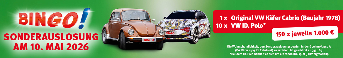 VW K&auml;fer und VW ID. Polo auf gr&uuml;nem Hintergrund und Infos zur Sonderauslosung