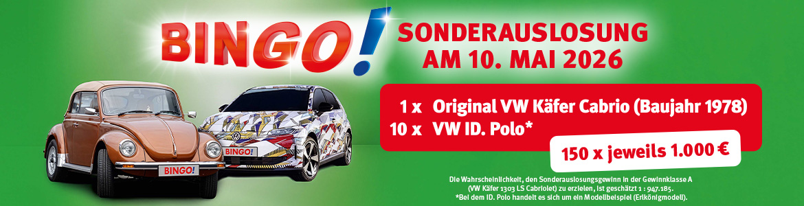 VW K&auml;fer und VW ID. Polo auf gr&uuml;nem Hintergrund und Infos zur Sonderauslosung