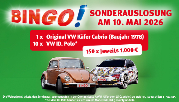 VW K&auml;fer und VW ID. Polo auf gr&uuml;nem Hintergrund und Infos zur Sonderauslosung
