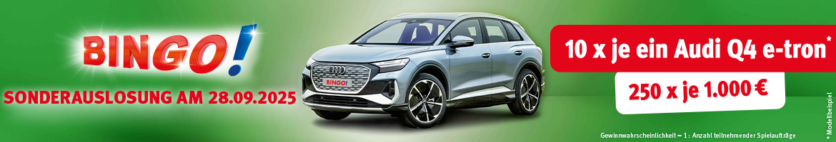 Ein Audi Q4 e-tron sowie Text - BINGO! Sonderauslosung am 28. September 2025, 10 x Audi Q4 e-tron und 250 x je 1.000 € - auf grünem Hintergrund