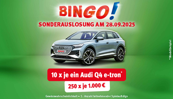 Ein Audi Q4 e-tron sowie Text - BINGO! Sonderauslosung am 28. September 2025, 10 x Audi Q4 e-tron und 250 x je 1.000 € - auf grünem Hintergrund
