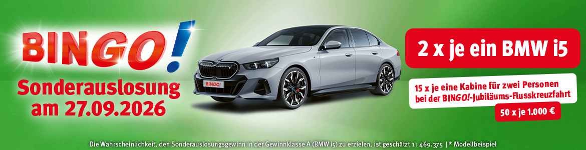 BINGO!-Sonderauslosung mit grauem BMWi5 auf gr&uuml;nem Hintergrund