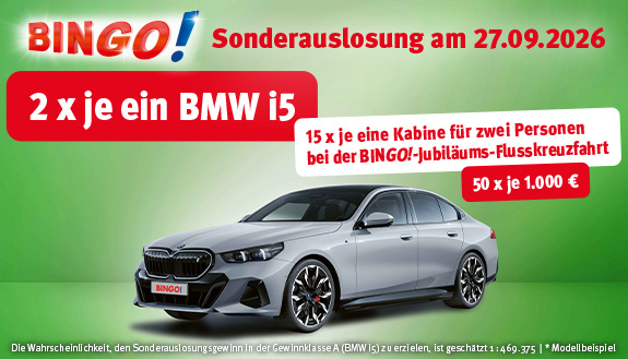 BINGO!-Sonderauslosung mit grauem BMWi5 auf gr&uuml;nem Hintergrund
