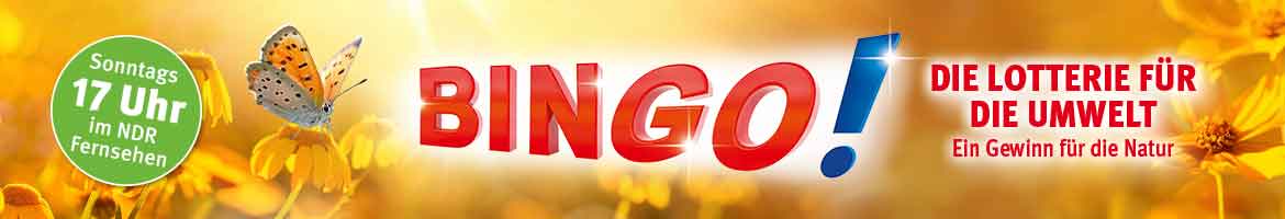 BINGO! Logo und Text - Die Lotterie für die Umwelt - Ein Gewinn für die Natur - Sonntags 17 Uhr im NDR Fernsehen - sowie Schmetterling in Sommerlandschaft mit Verlinkung zum BINGO!-Spielschein