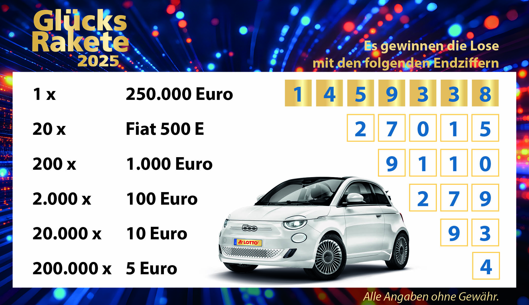 Die Gewinnzahlen der Endziffernlotterie sowie ein wei&szlig;er Fiat 500 Elektro und Gl&uuml;cksRakete-Logo.