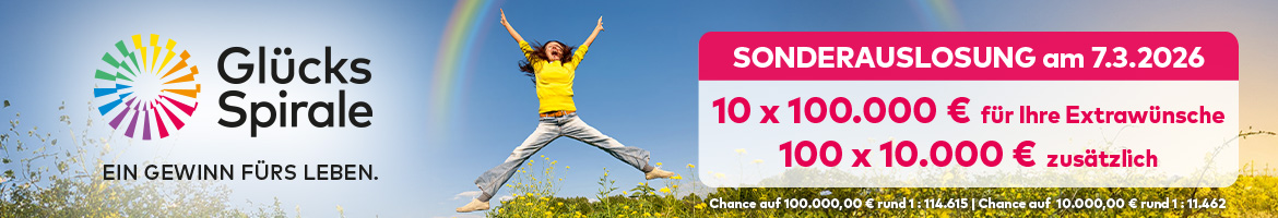 Fr&ouml;hlich Frau auf gr&uuml;ner Wiese, Gl&uuml;cksSpirale-Logo und Infos zur Sonderauslosung