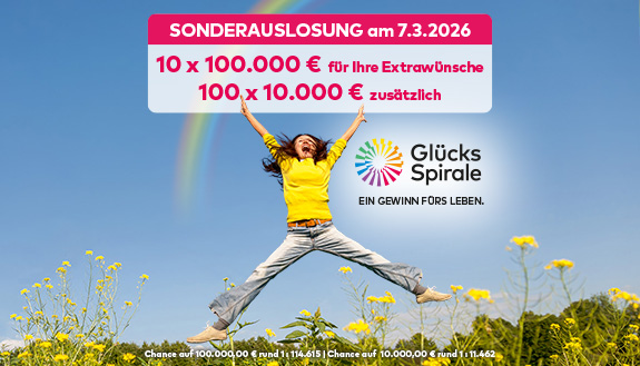 Fr&ouml;hlich Frau auf gr&uuml;ner Wiese, Gl&uuml;cksSpirale-Logo und Infos zur Sonderauslosung