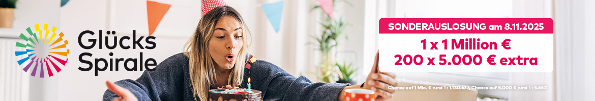 GlücksSpirale Logo und Text - Hier dreht sich alles um Ihr Glück - sowie glückliche Menschen in Herbstlandschaft