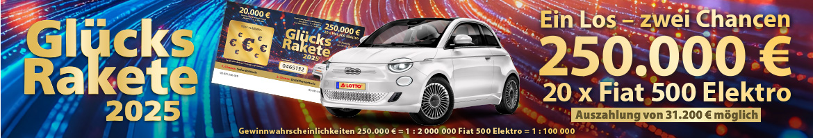 Logo GlücksRakete 2025 und Text - Ein Los - Zwei Chancen - 250.000 Euro, 20 x Fiat 500 Elektro sowie ein weißer Fiat 500 Elektro und GlücksRakete-Los auf buntem Hintergrund.