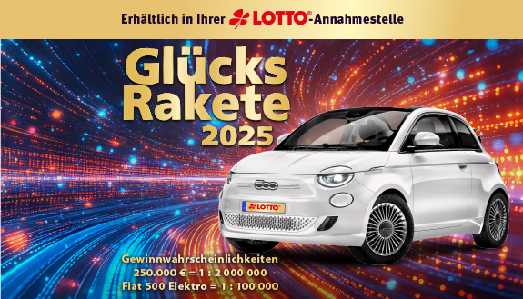 Logo GlücksRakete 2025 und ein weißer Fiat 500 Elektro auf buntem Hintergrund.