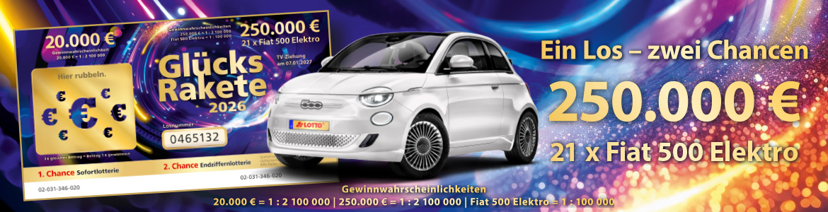 Gl&uuml;cksRakete 2026 und wei&szlig;er Fiat 500 Elektro auf buntem Hintergrund