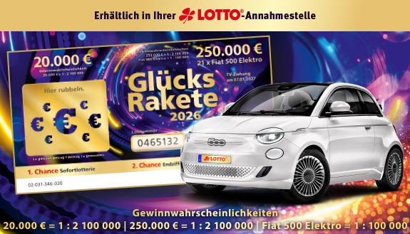 Gl&uuml;cksRakete 2026 und wei&szlig;er Fiat 500 Elektro auf buntem Hintergrund