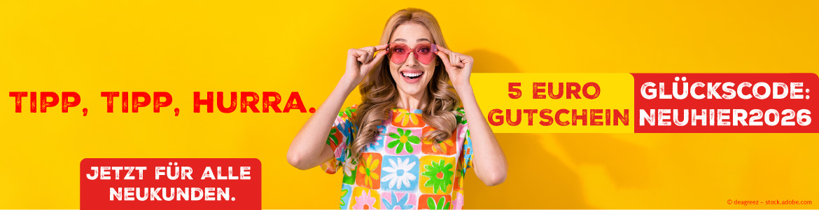 5 Euro Gutschein f&uuml;r alle Neukunden und lachende Frau mit roter Herzensonnenbrille.