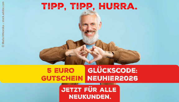 5 Euro Gutschein f&uuml;r alle Neukunden und lachender Mann mit Herz-Handzeichen