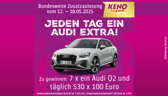 Grauer Audi Q2 sowie Text - Bundesweite Zusatzauslosung vom 12. bis 18. Mai 2025 - Jeden Tag ein Audi extra - Zu gewinnen: 7 x Audi Q2 und täglich 530 x 100 Euro vor pink/lila Hintergrund
