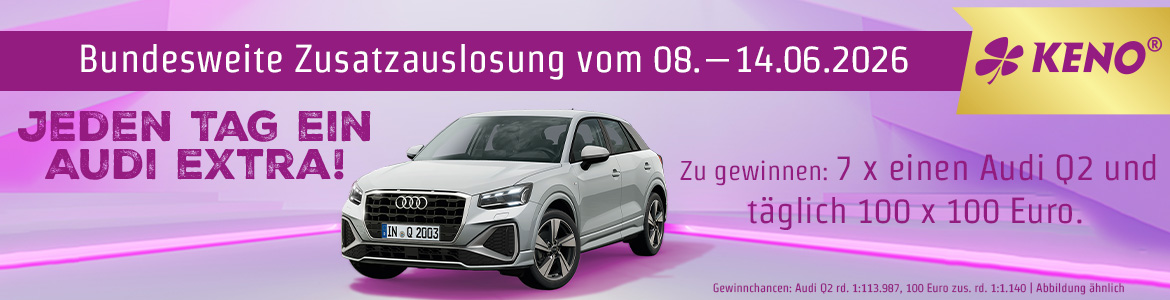 KENO-Zusatzauslosung: 7 x einen Audi Q2 und t&auml;glich 100 x 100 Euro gewinnen. Hintergrund lila.