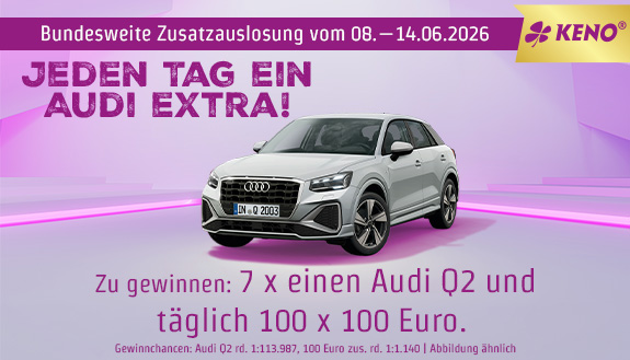 KENO-Zusatzauslosung: 7 x einen Audi Q2 und t&auml;glich 100 x 100 Euro gewinnen. Hintergrund lila.
