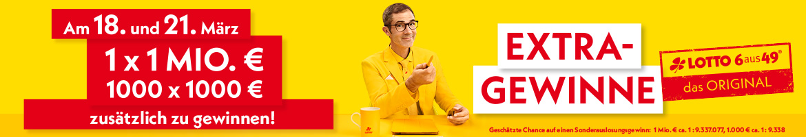 Sonderauslosung bei LOTTO 6aus49 und l&auml;chelnder Mann im gelben Anzug.