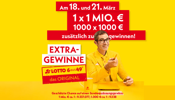 Sonderauslosung bei LOTTO 6aus49 und l&auml;chelnder Mann im gelben Anzug.