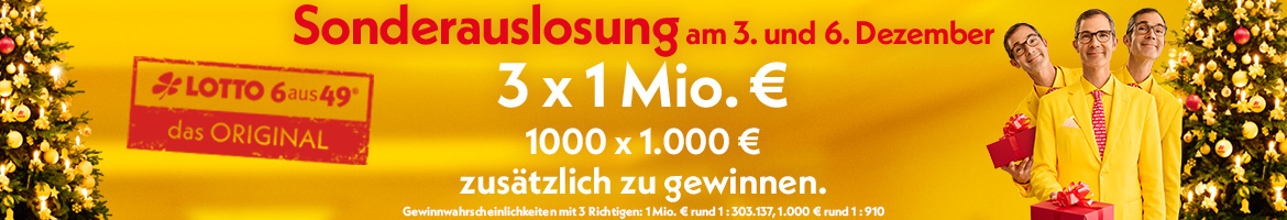 LOTTO 6aus49-Logo - Sonderauslosung am 3. und 6. Dezember sowie Gewinnplan. Dazu lachender Mann mit Geschenken, seitlich Weihnachsbäume. Hintergrund gelb.
