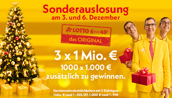 LOTTO 6aus49-Logo - Sonderauslosung am 3. und 6. Dezember sowie Gewinnplan. Dazu lachender Mann mit Geschenken, seitlich Weihnachsbäume. Hintergrund gelb.