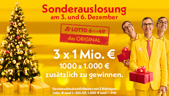 LOTTO 6aus49-Logo - Sonderauslosung am 3. und 6. Dezember sowie Gewinnplan. Dazu lachender Mann mit Geschenken, seitlich Weihnachsbäume. Hintergrund gelb.