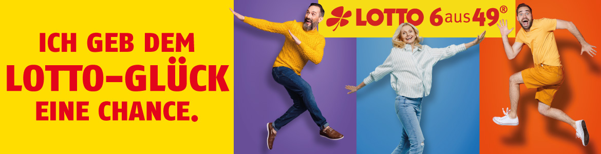 LOTTO 6aus49 Logo und drei springende Personen