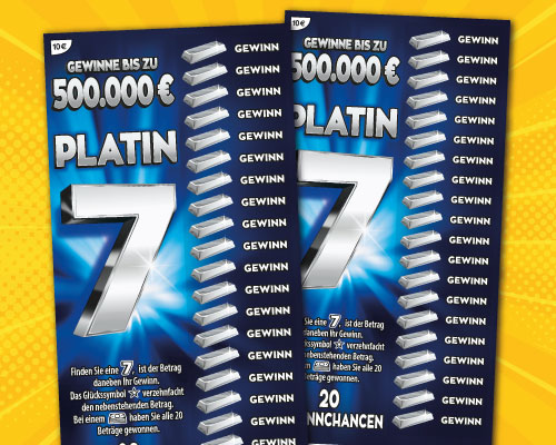10-Euro-Los Platin 7 mit glänzenden Silberbarren auf blauem Hintergrund und Text - Gewinne bis zu 500.000 Euro
