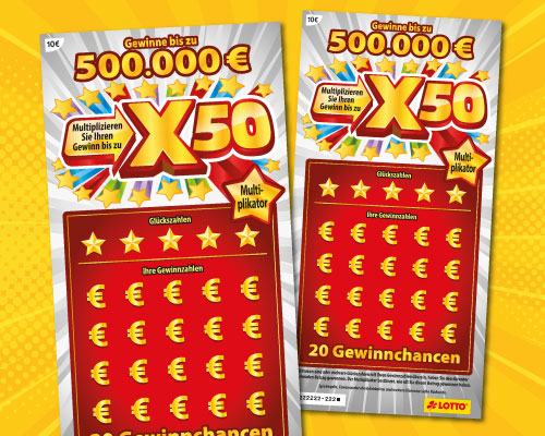 10-Euro-Los X50 mit goldenen Sternen auf rotem Hintergrund und Text - Gewinne bis zu 500.000 Euro