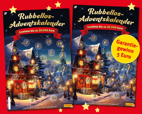 Zwei Rubbellos-Advenstkalender mit Winterlandschaft und Rubbelfelder von 1 bis 24 sowie Text - Ganrantiegewinn 5 Euro, auf rotem Hintergrund.