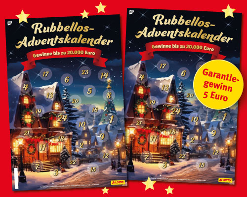 Zwei Rubbellos-Advenstkalender mit Winterlandschaft und Rubbelfelder von 1 bis 24 sowie Text - Ganrantiegewinn 5 Euro, auf rotem Hintergrund.