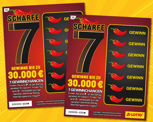 3-Euro-Los Scharfe 7 mit roten Peperoni und Text - Gewinne bis zu 30.000 Euro mit sieben Gewinnchancen