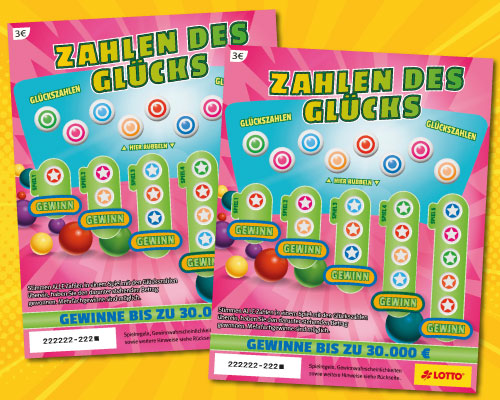 3-Euro-Los ZAHLEN DES GLÜCKS mit fünf grünen senkrechten Reihen und acht bunten Glückszahlen und Text - Gewinne bis zu 30.000 Euro