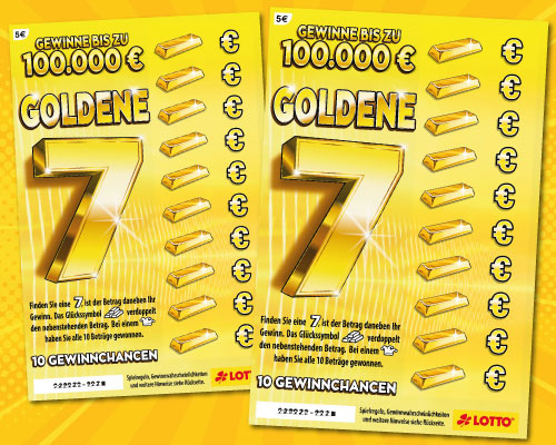 5-Euro-Los Goldene 7 mit zehn gl&auml;nzenden Goldbarren vor Text - Gewinne bis zu 100.000 Euro mit zehn Gewinnchancen