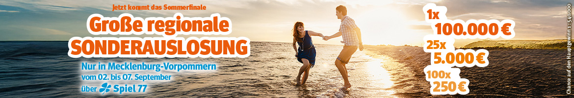 Große regionale Sonderauslosung über Spiel 77 mit Gewinnplan - dazu Pärchen am Strand.