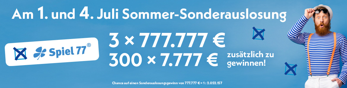 Spiel 77 Sommer-Sonderauslosung sowie Mann mit blau-wei&szlig; gestreifem Shirt, Hut und Sonnenbrille.