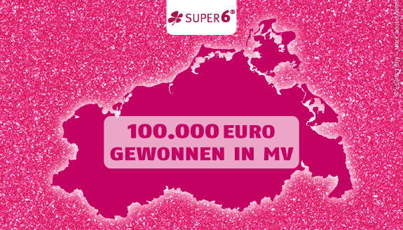 MV-Landkarte auf pinkem Glitzerhintergrund und Text: 100.000 Euro gewonnen in MV